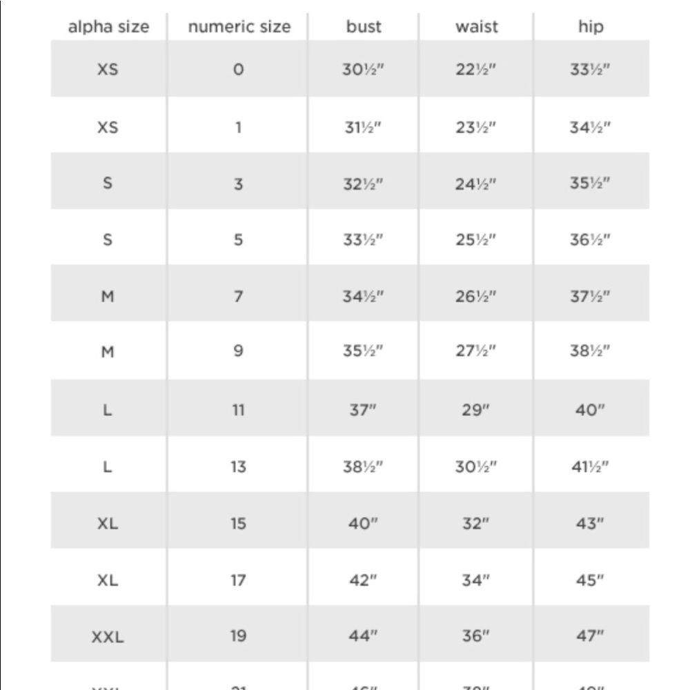 Size chart for Arizona Leather jacket